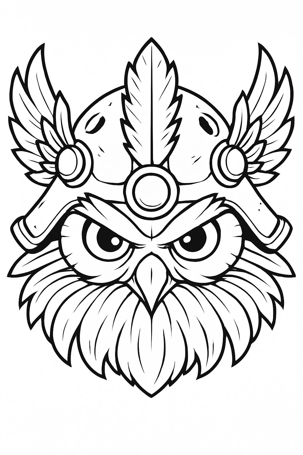 Intricate Black and White Owl Face Illustration for Coloring Book Pages