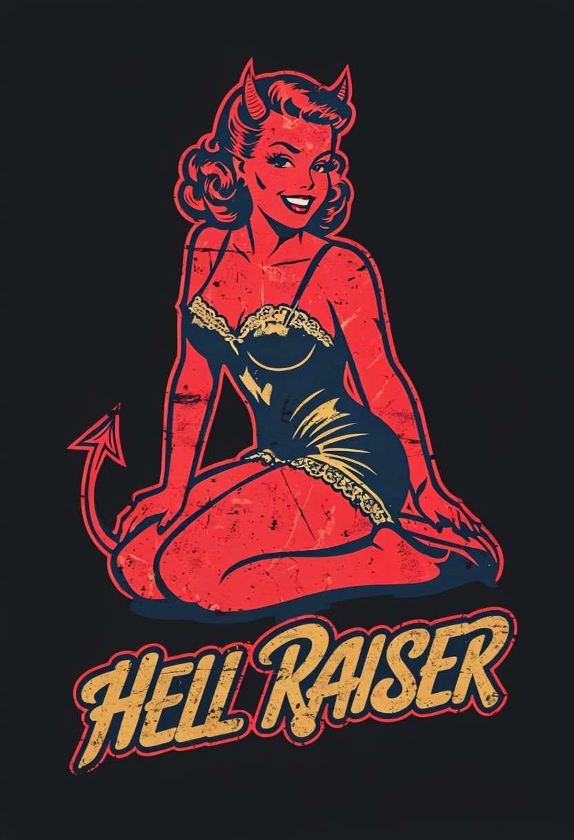 Vibrant Vintage Pin-Up Devil Graphic T-Shirt Design