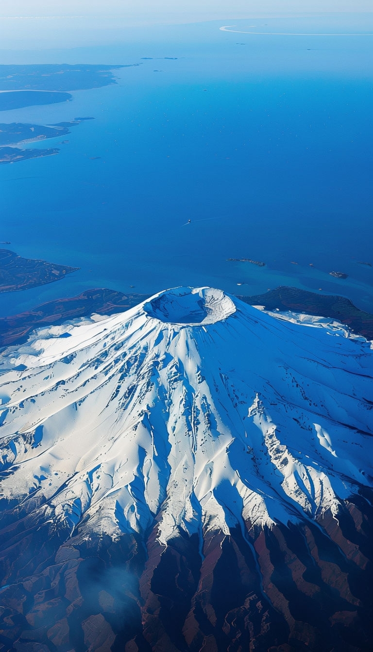 Aerial View of Snow-Capped Mount Fuji with Serene Ocean Background Mobile Wallpaper
