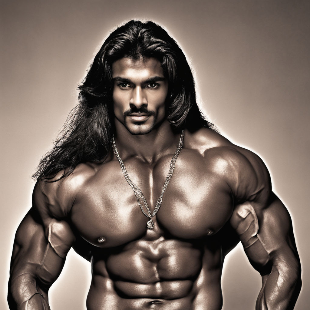 face of a muscular man with long black hair