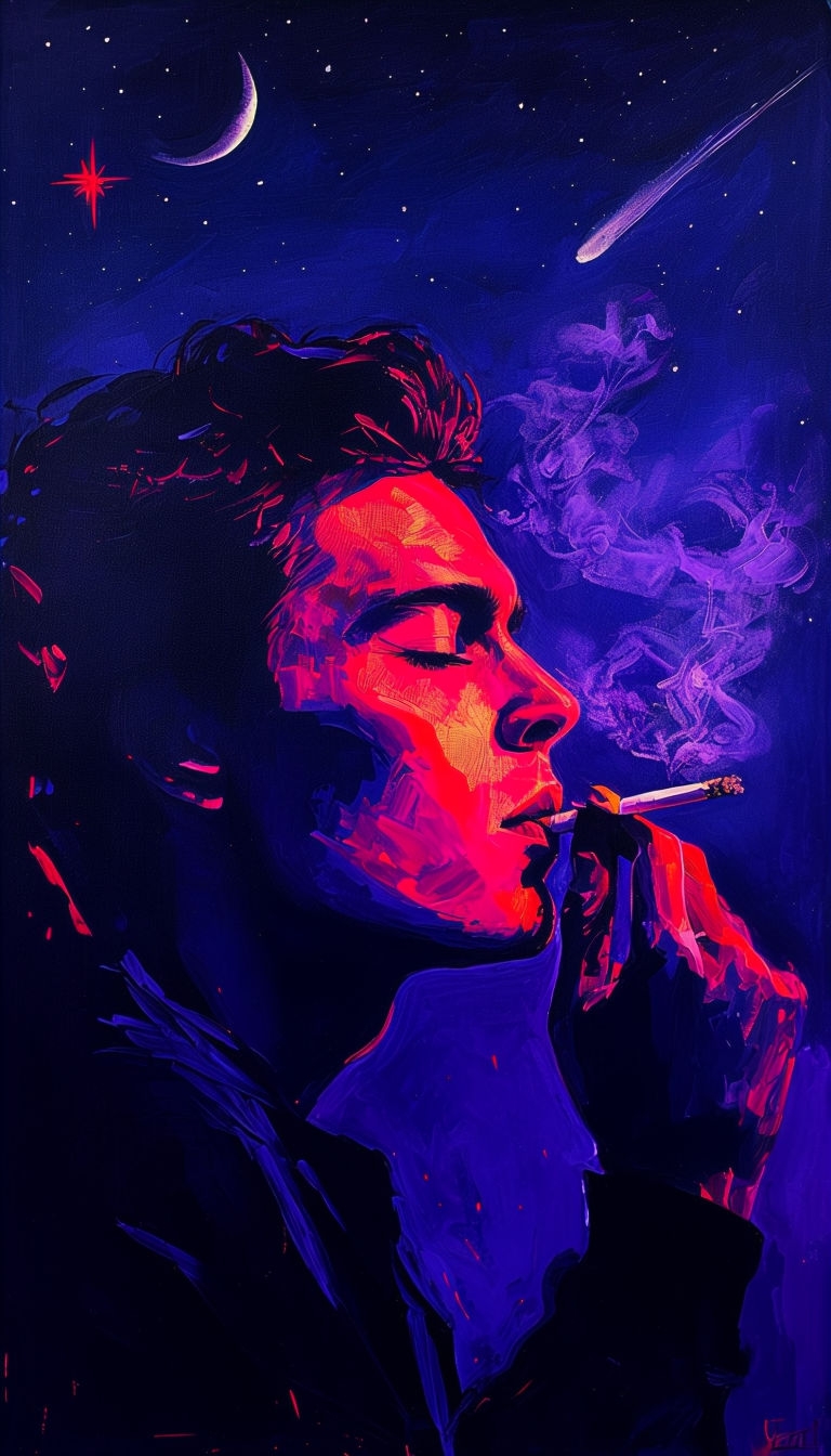Vibrant Neon Smoking Figure Portrait with Celestial Background Mobile Wallpaper
