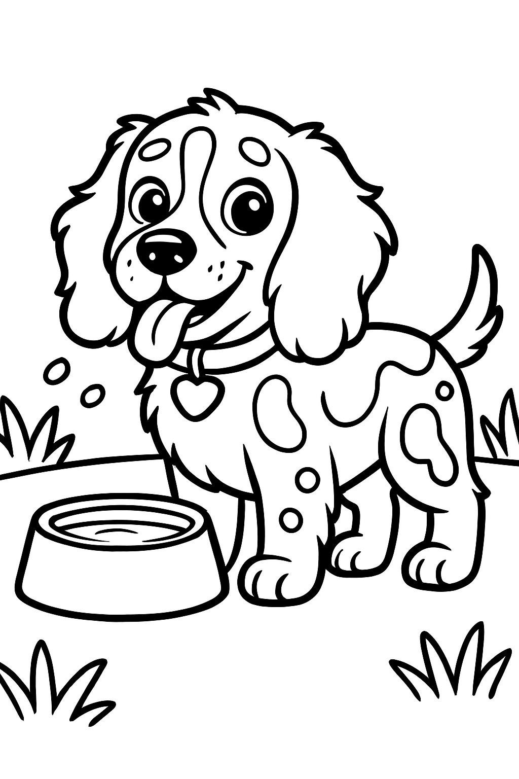 Cheerful Cartoon Puppy with Water Bowl Line Drawing Coloring Book Pages