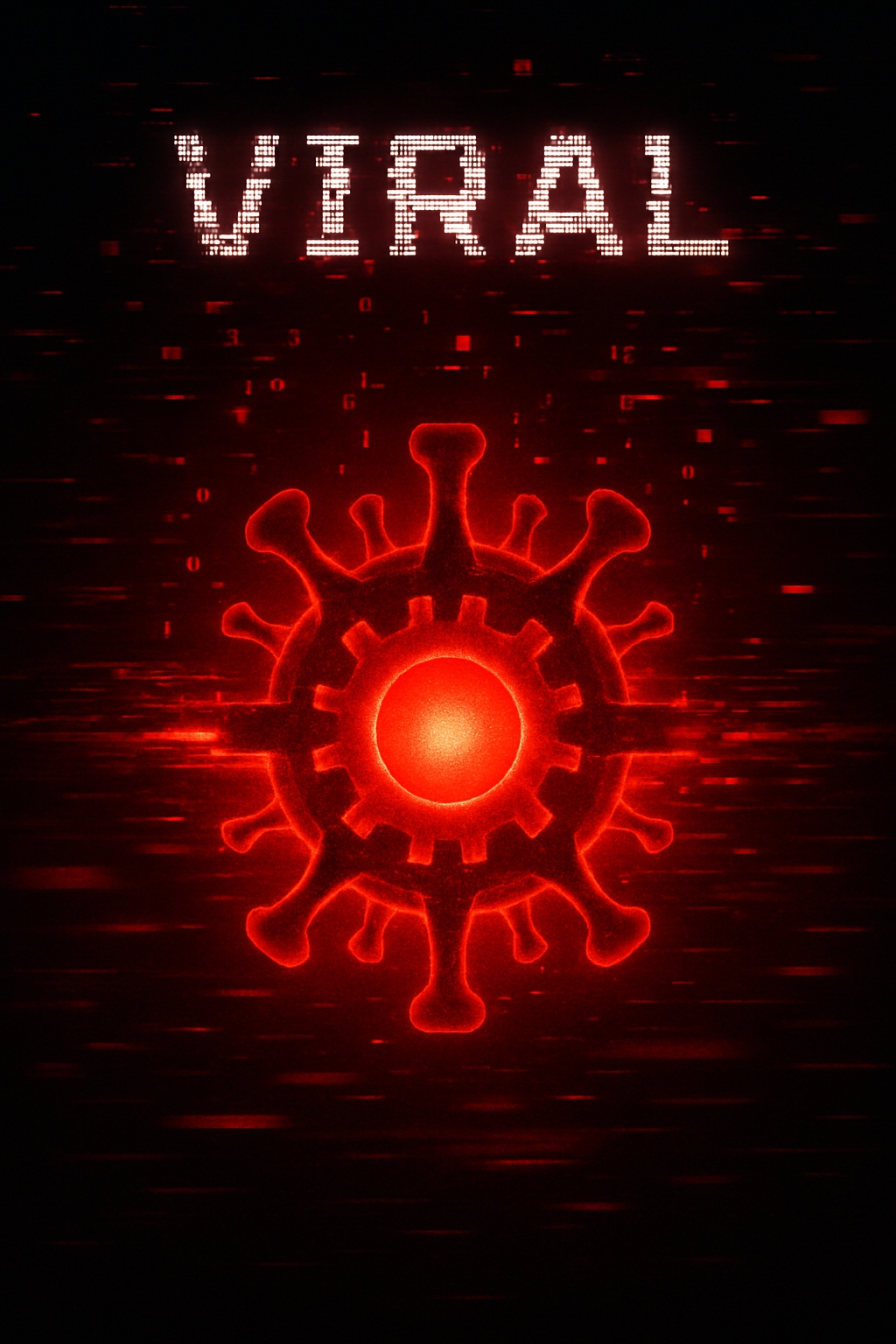 Vibrant Red Virus Digital Artwork with Pixelated Text Poster