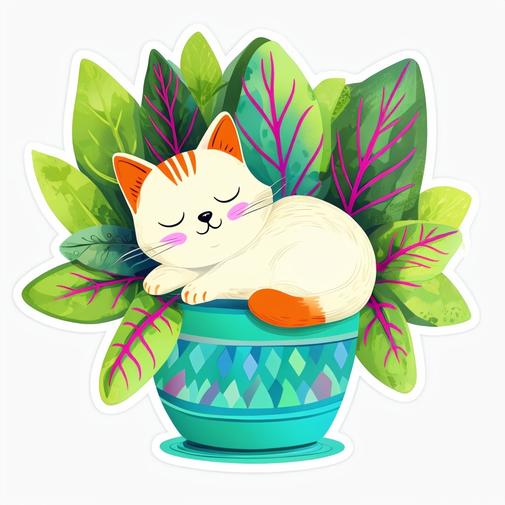 Whimsical Cream Cat Nestled in Vibrant Green Leaves Sticker