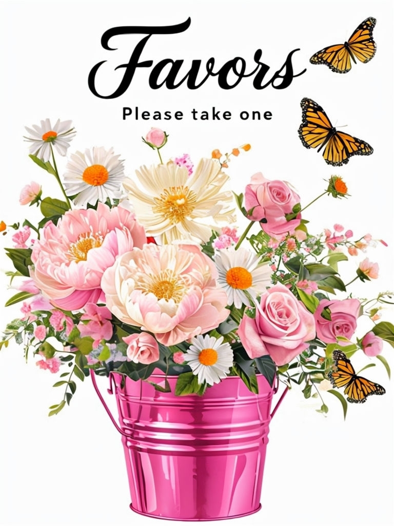 Vibrant Floral Favors Sign with Butterflies and Peonies Decoration Event Sign