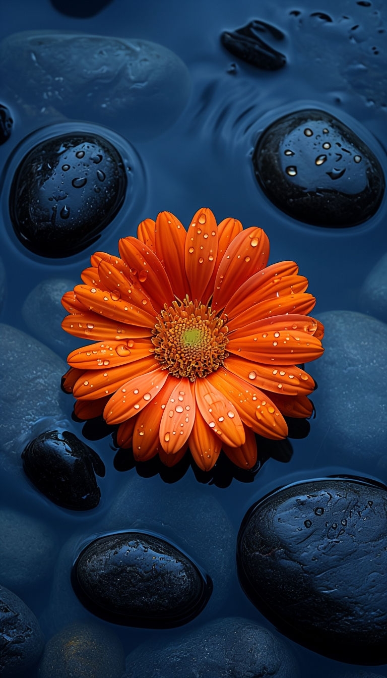 Vibrant Orange Daisy with Water Droplets and Stones Mobile Wallpaper