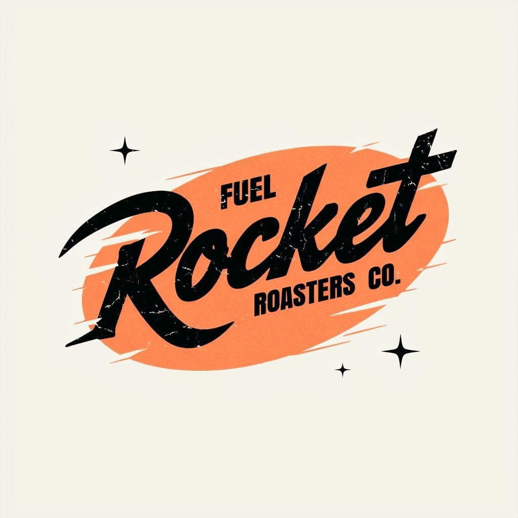 Dynamic Retro Rocket Fuel Roasters Logo Design for Coffee Brand