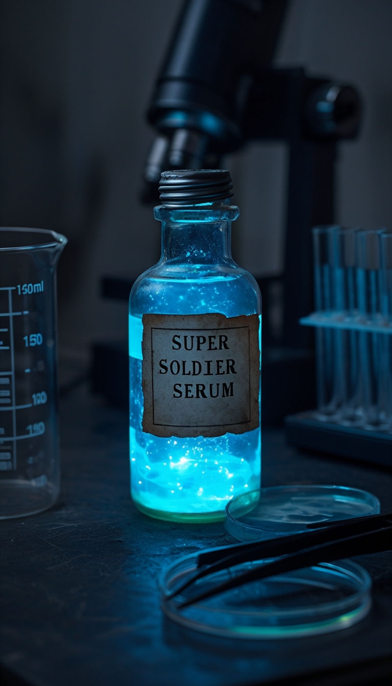 Glowing Cyan Super Soldier Serum in Dim Laboratory Art