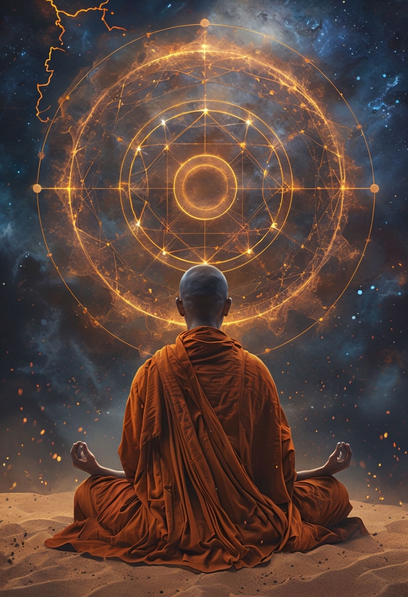 Mystical Monk in Orange Robes Meditation Art Poster