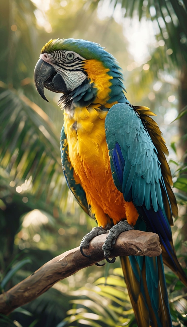 Vibrant Blue and Yellow Macaw Parrot Perched on Branch Mobile Wallpaper