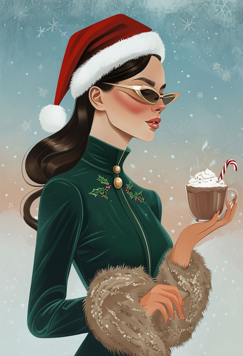 Chic Christmas Woman with Hot Cocoa and Snowflakes Poster