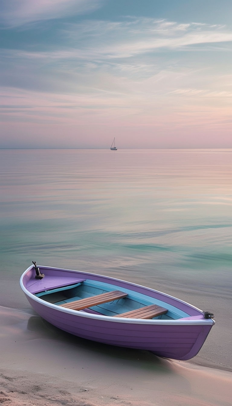 Tranquil Lavender Boat on Sandy Shore Seascape Mobile Wallpaper