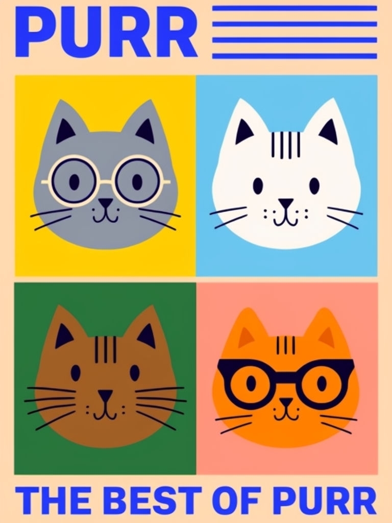 Stylized Cat Faces Cartoon 'PURR' Modern Art Poster