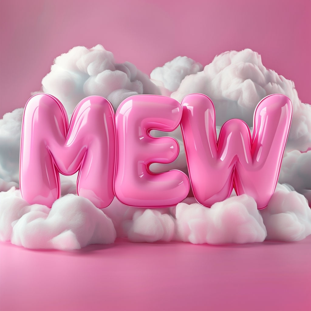 Playful Pink Mew Bubble Letters with Fluffy Clouds Poster