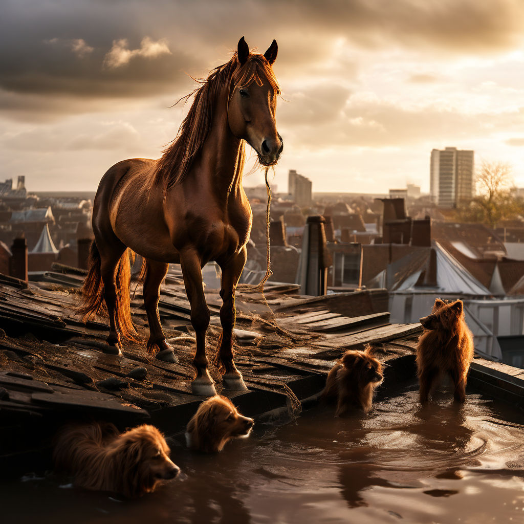 Image of a caramel horse on top of a roof. in a flooded city by Marcelo ...