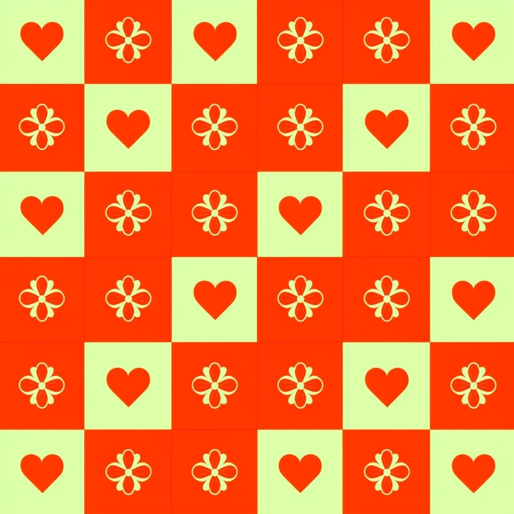 Playful Red Heart and Flower Checkerboard Seamless Pattern