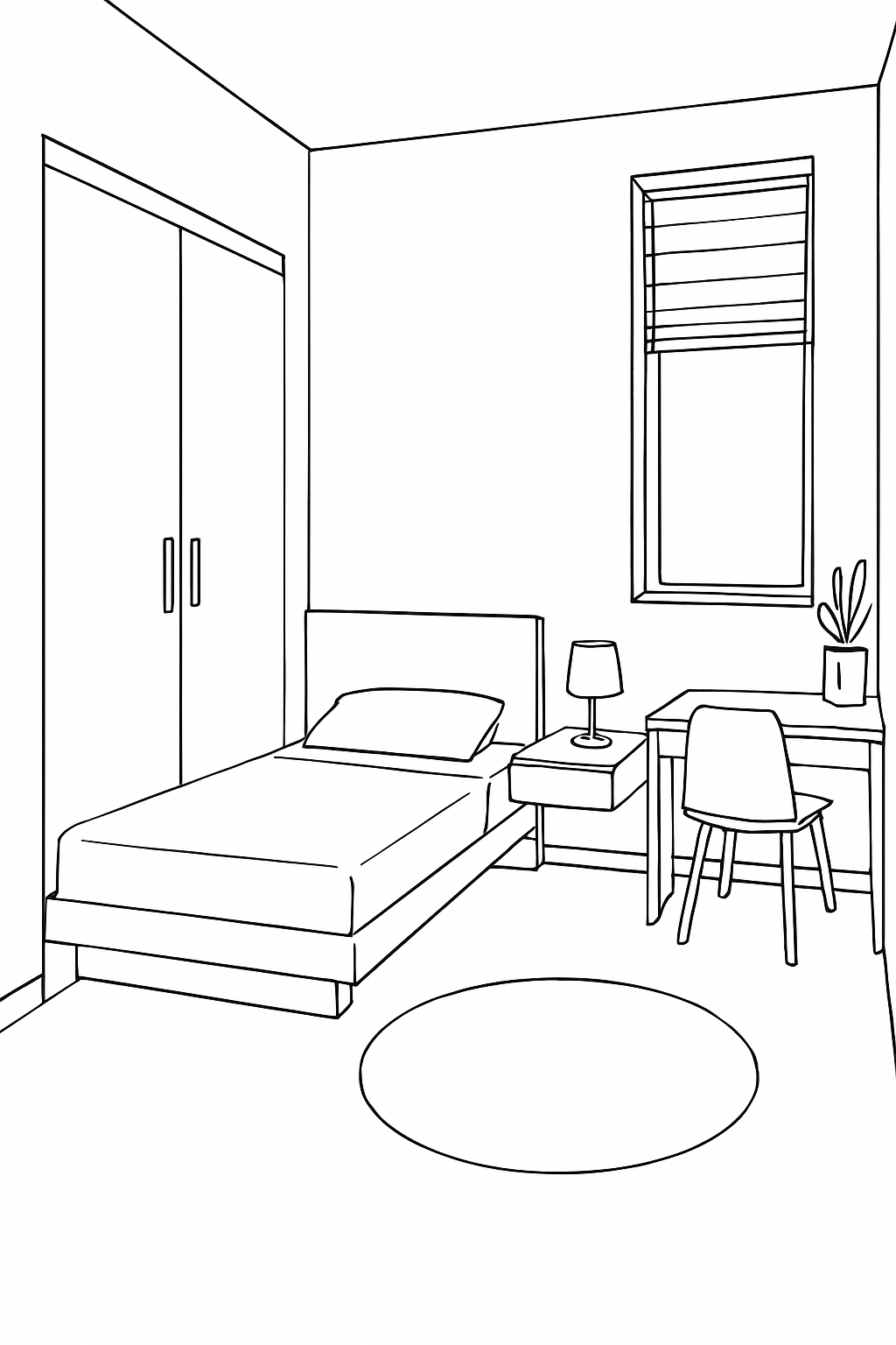 Minimalist Bedroom Line Drawing for Relaxation Coloring Book Pages