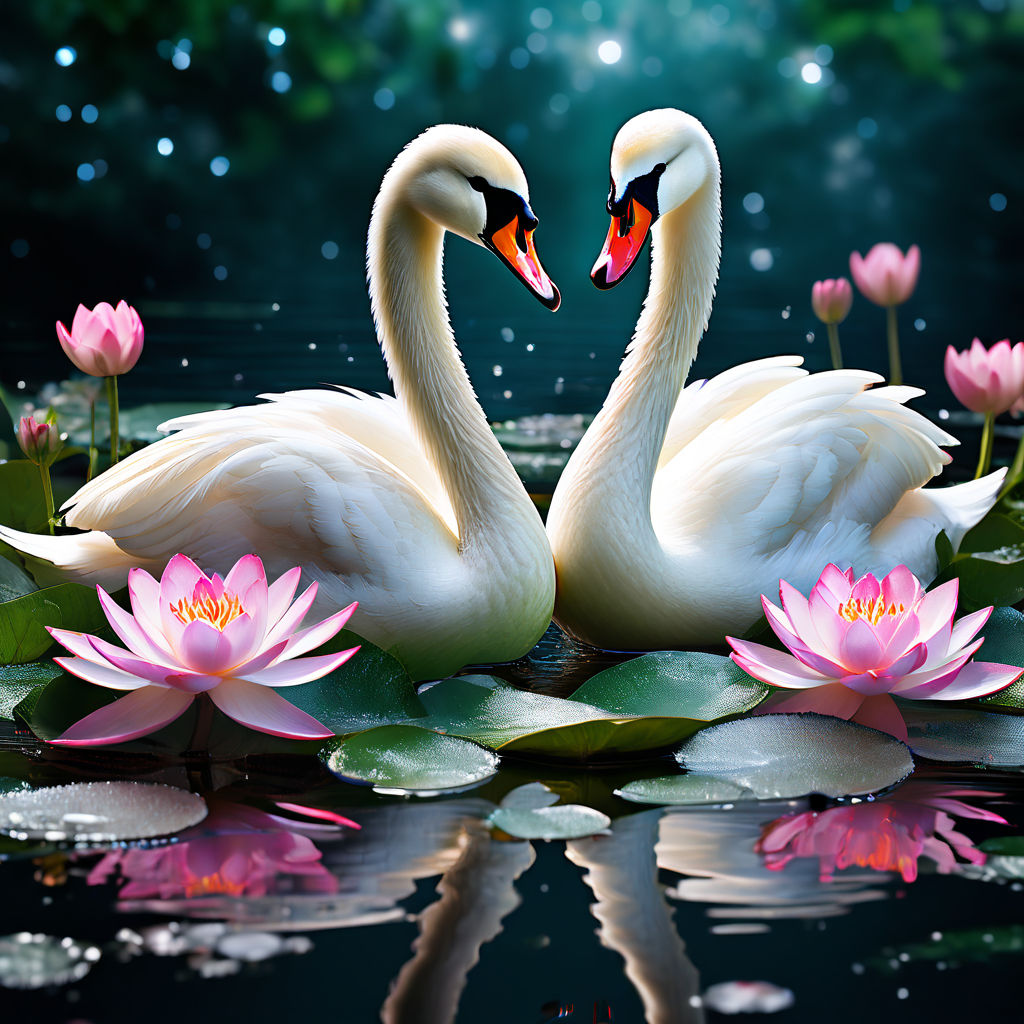 Two elegant swans glide through a serene pond clad with deli... by ...