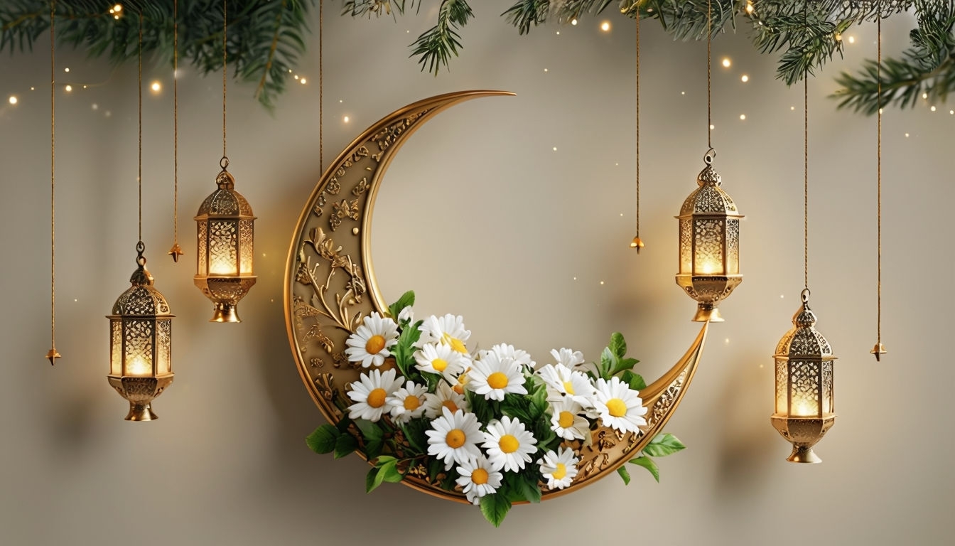 Elegant Golden Crescent Moon with Floral Design Social Media Post