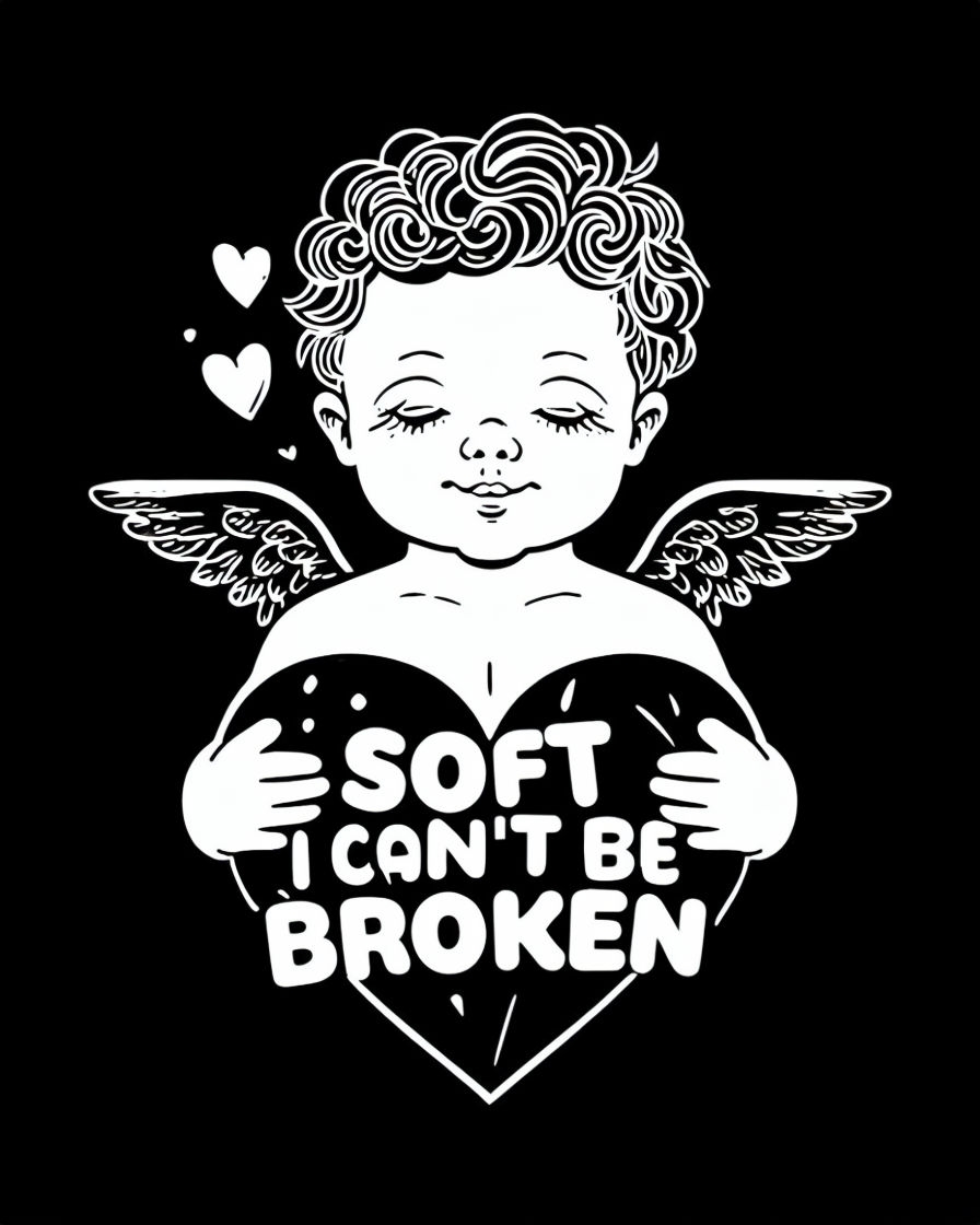Cherub Illustration with Heart and Soft Text T-Shirt
