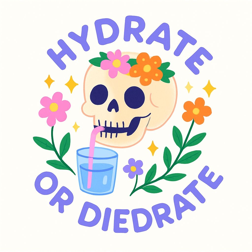 Playful Skull with Flower Crown and Hydration Motivational Sticker