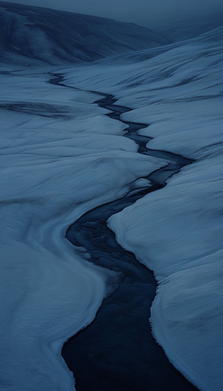 Serene Snowy Landscape with Winding Blue Stream Mobile Wallpaper