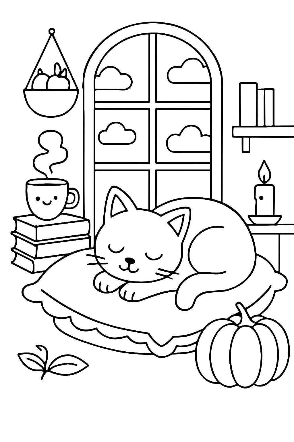 Cozy Sleeping Cat in Serene Indoor Scene Coloring Book Page
