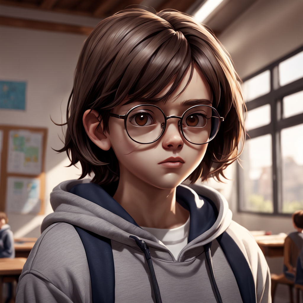 niña de 13 años con pelo corto y con lentes dibujo tipo anime con color