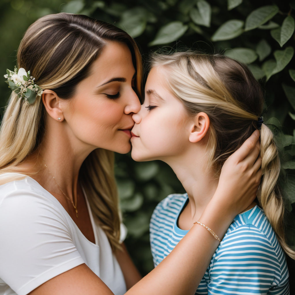 A mother and her daughter take out tongues them and kissing in bikini