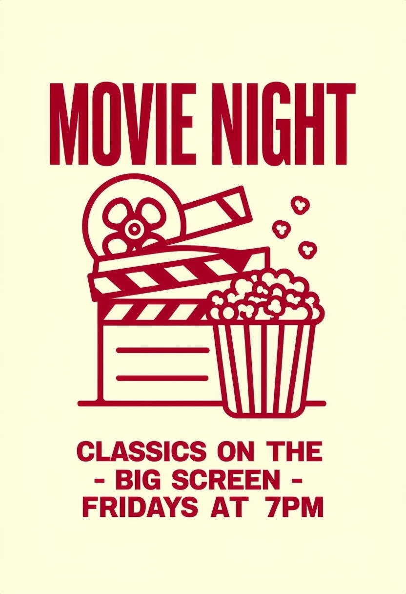 Retro Movie Night Poster with Film Reel and Popcorn Illustration Event Sign