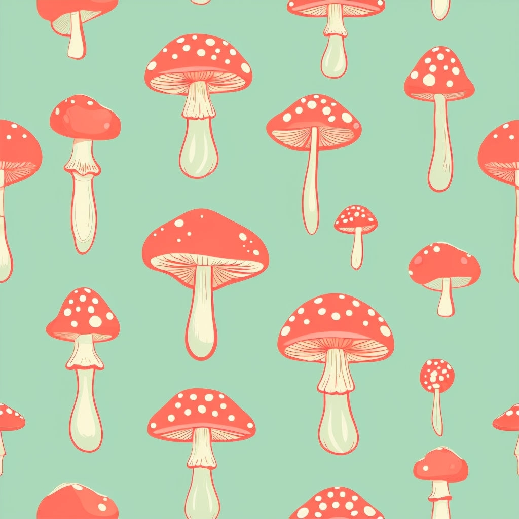 Whimsical Coral Red Mushroom Seamless Pattern on Mint Green Background