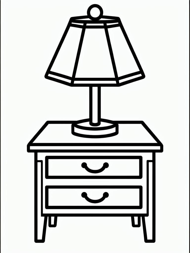 Minimalist Line Drawing of a Bedside Table with Lamp Coloring Book Page