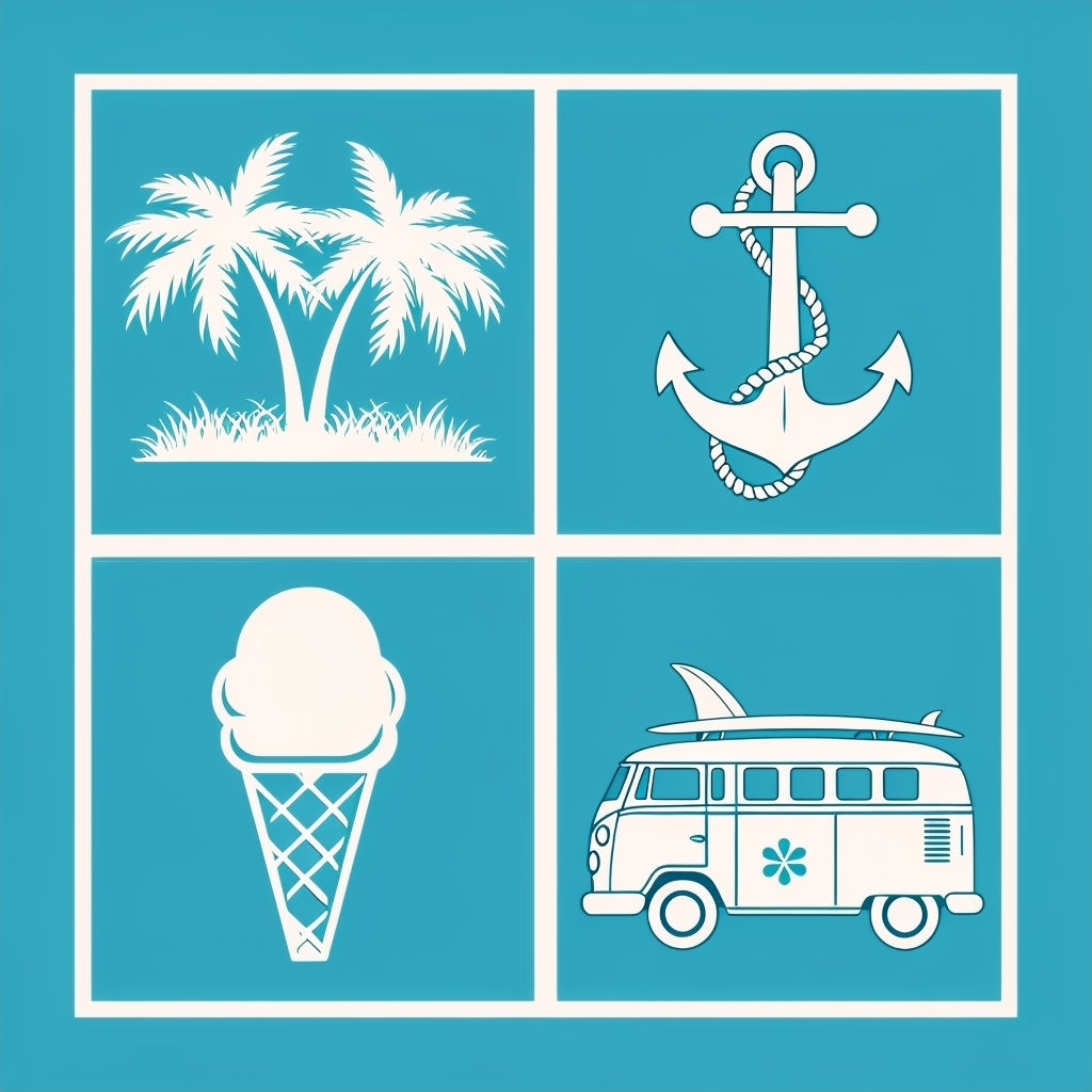 Vibrant Beach-Themed White Silhouettes on Teal Pattern Design Seamless Pattern