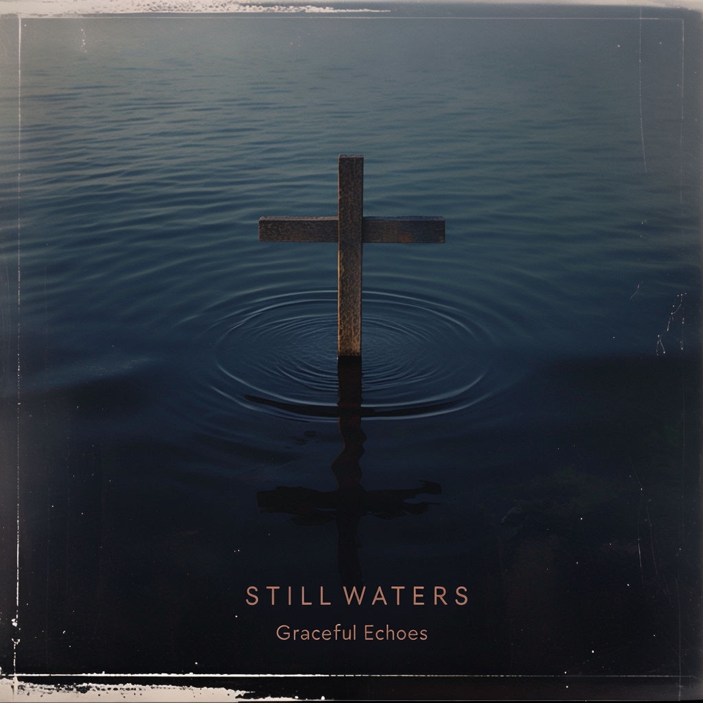 Serene Minimalist 1970s Album Cover with Wooden Cross and Lake Spotify Album Cover