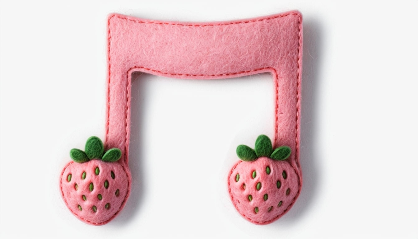 Pink Felt Music Note with Strawberry Cutouts Virtual Background