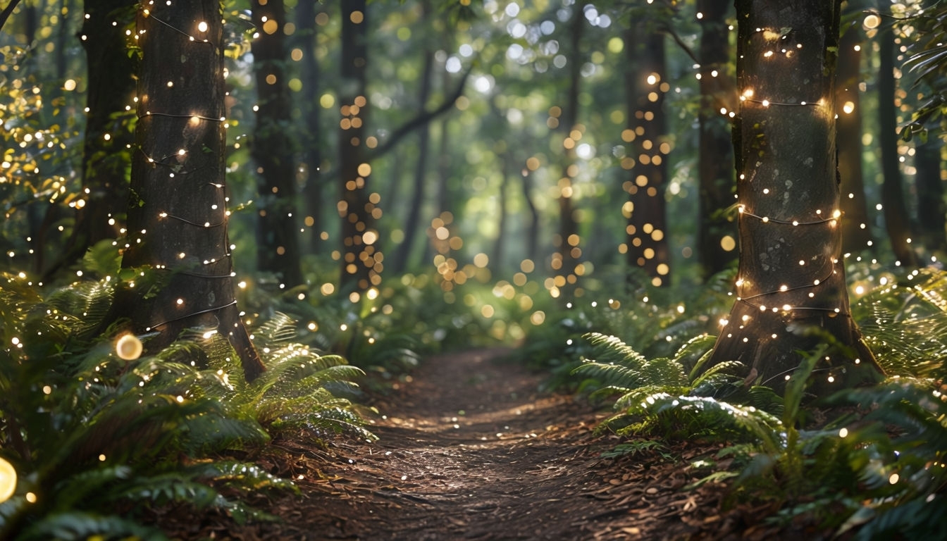 Magical Forest Path with Fairy Lights Photography Poster