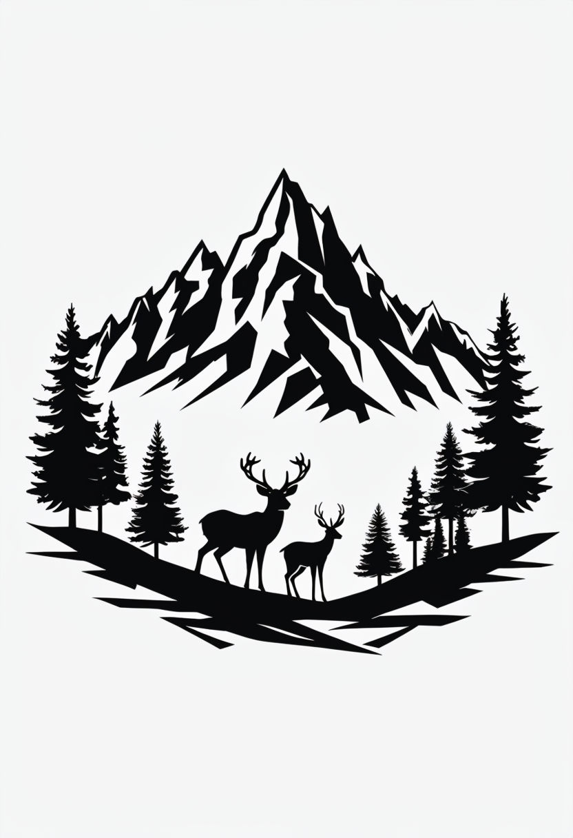 Majestic Wilderness Silhouette with Deer and Mountains Art