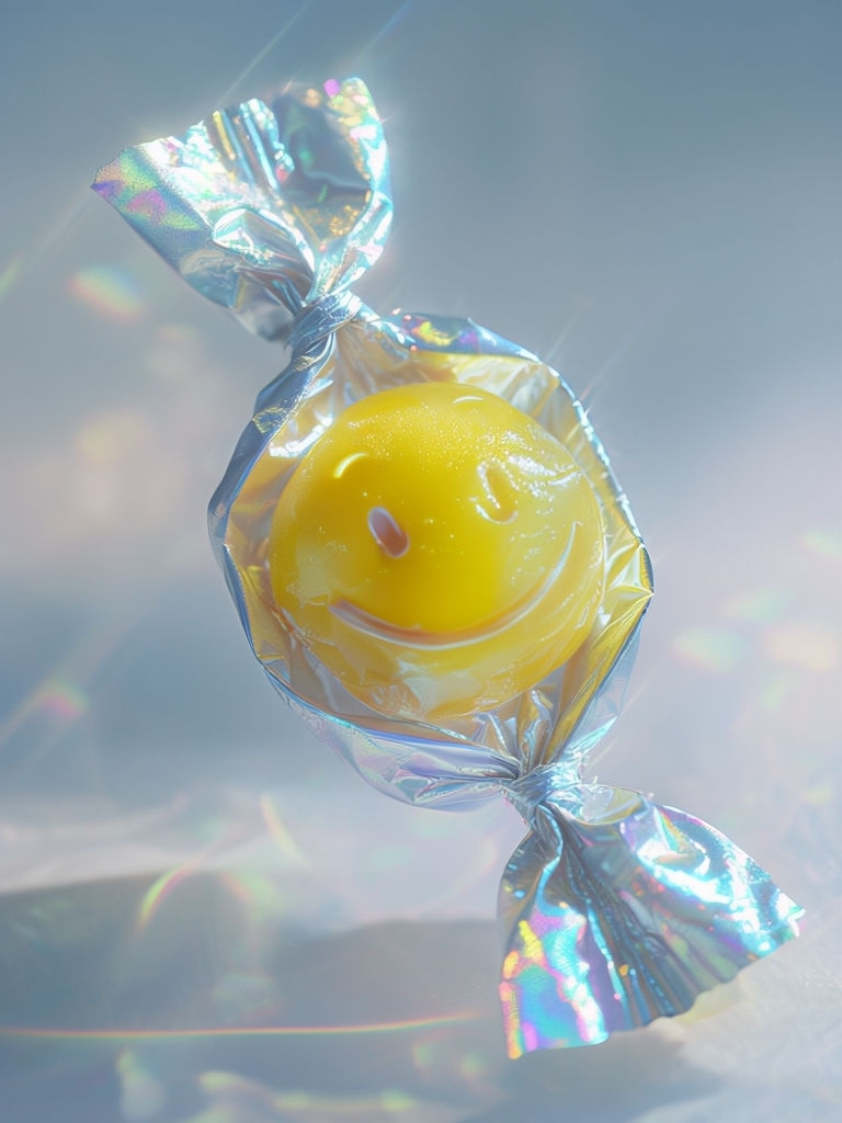 Bright Yellow Smiling Face Candy Wrapped in Holographic Foil Art