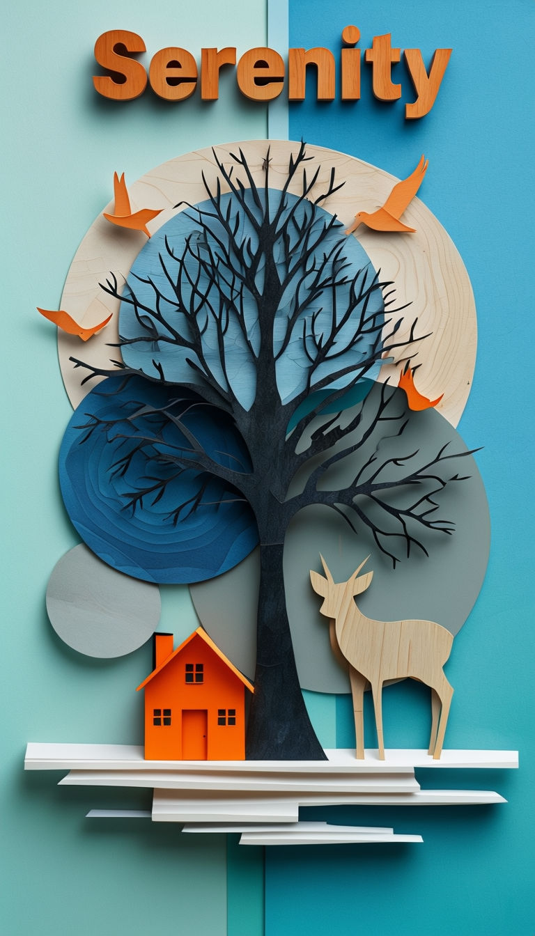 Whimsical Serenity Paper Cut Tree and House Digital Poster