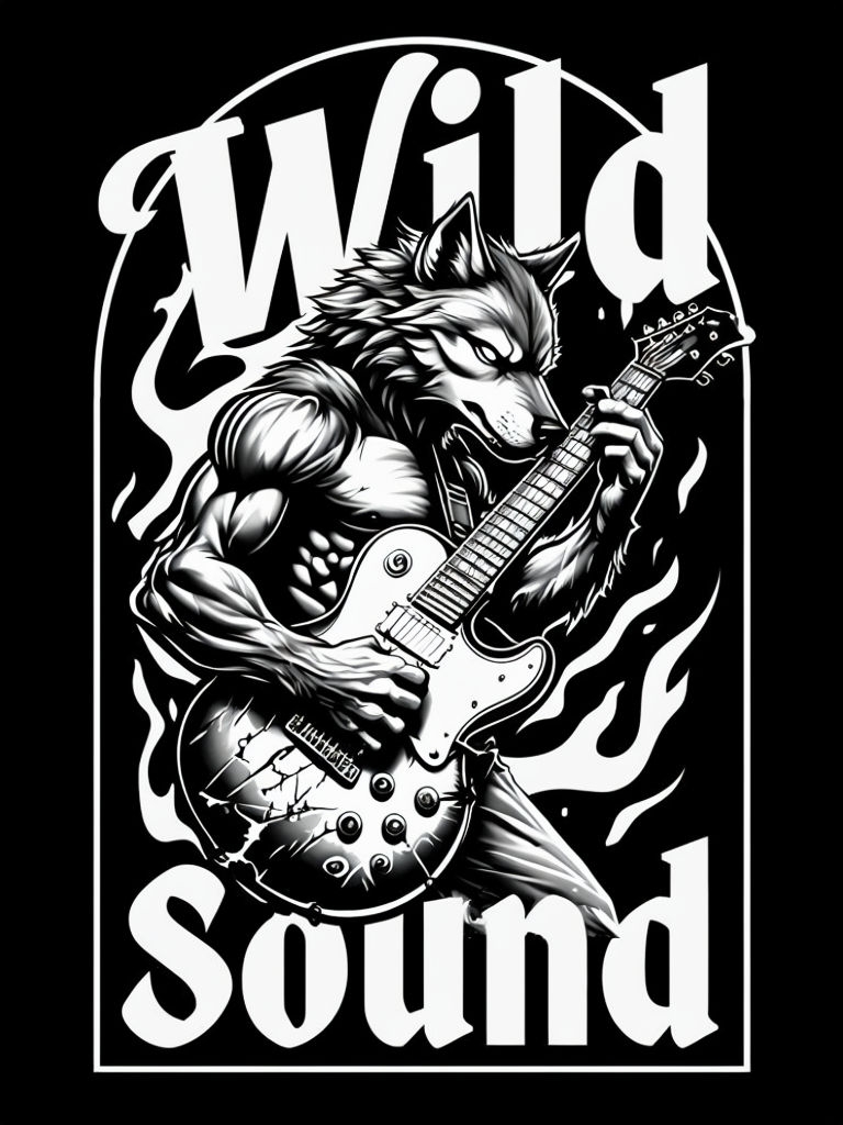 Wild Sound Muscular Wolf Guitarist Artwork T-Shirt