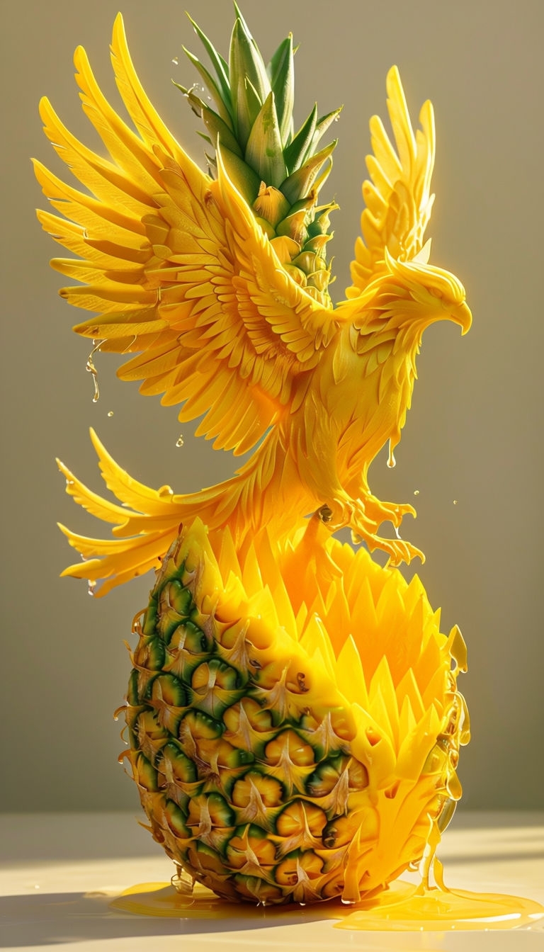 Majestic Pineapple Phoenix Sculpture in Hyperrealistic Style Mobile Wallpaper
