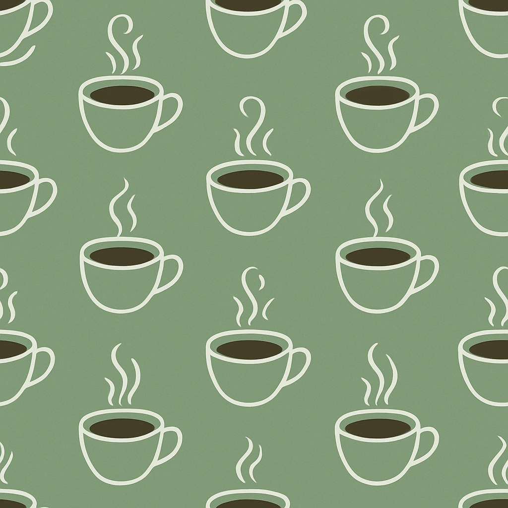 Cozy Beige Coffee Cups Seamless Pattern on Forest Green Background