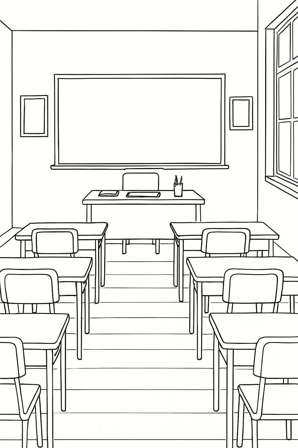 Minimalist Black and White Classroom Line Drawing Coloring Page
