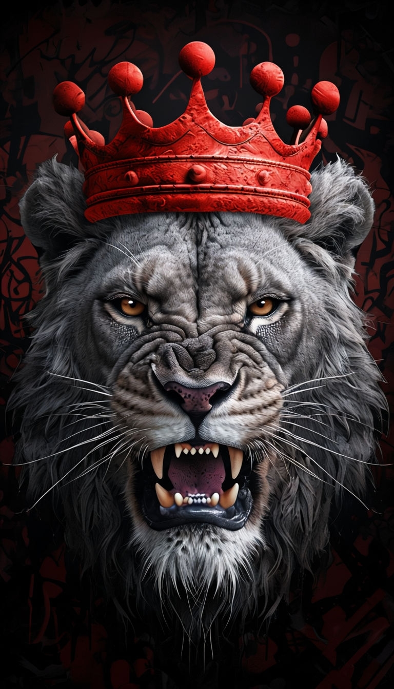 Regal Aggressive Lion Face with Crown Digital Art Mobile Wallpaper