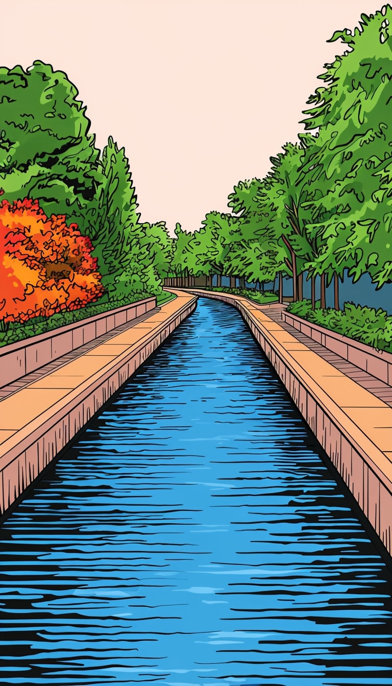 Tranquil Cartoon Canal Scene with Autumn Foliage Mobile Wallpaper