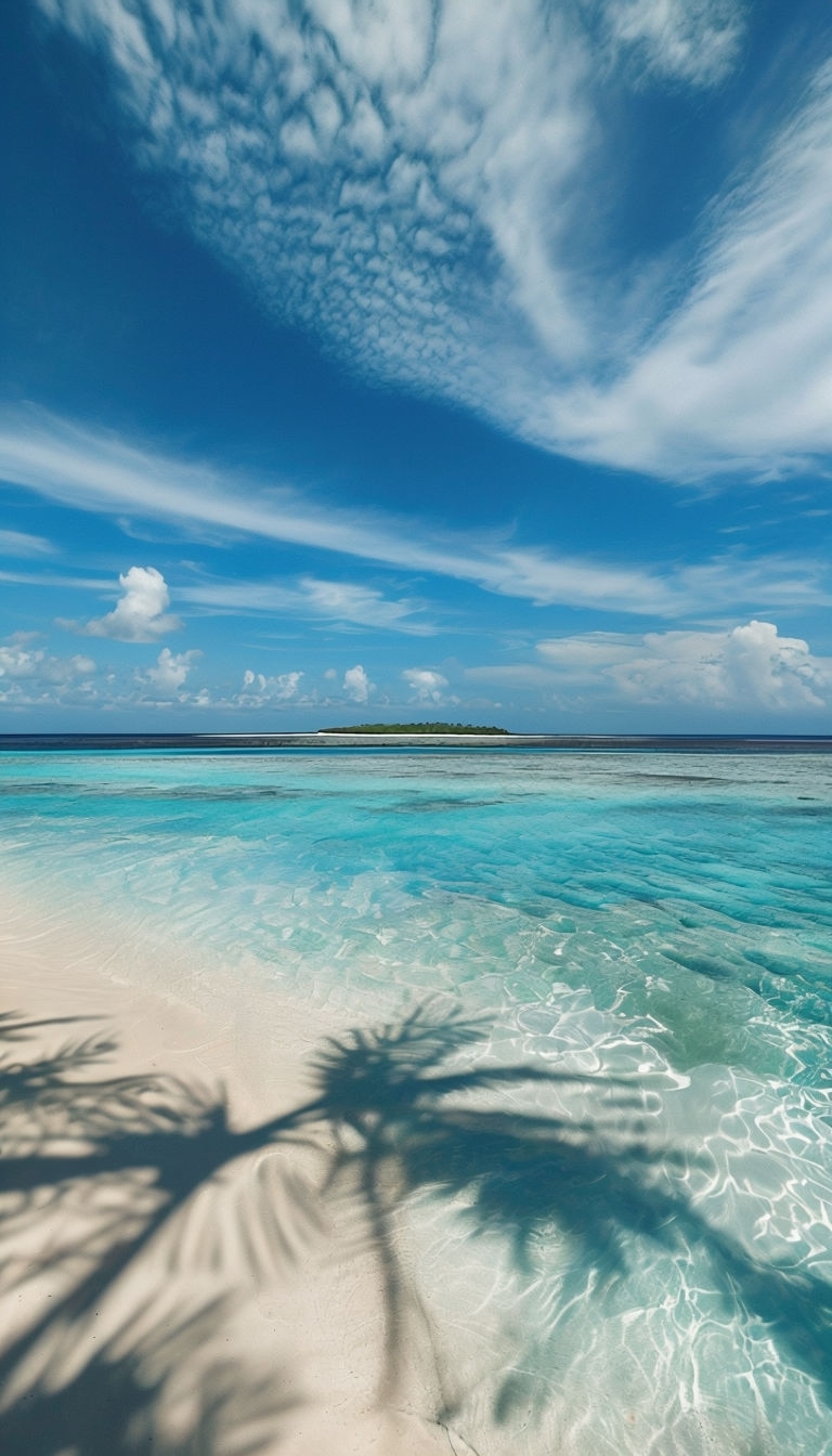 Tranquil Tropical Beach Scene with Blue Skies and Palm Shadows Mobile Wallpaper