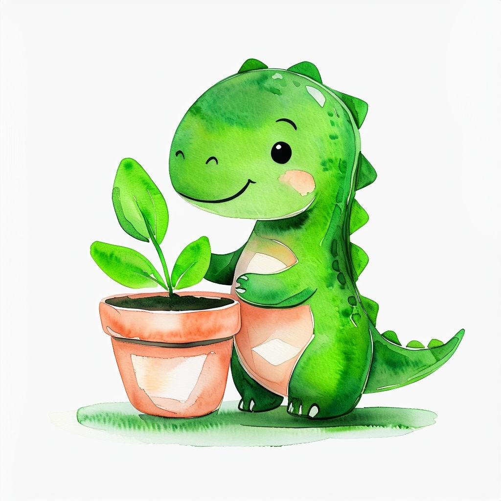 Cute Watercolor Happy Dinosaur with Potted Plant Sticker