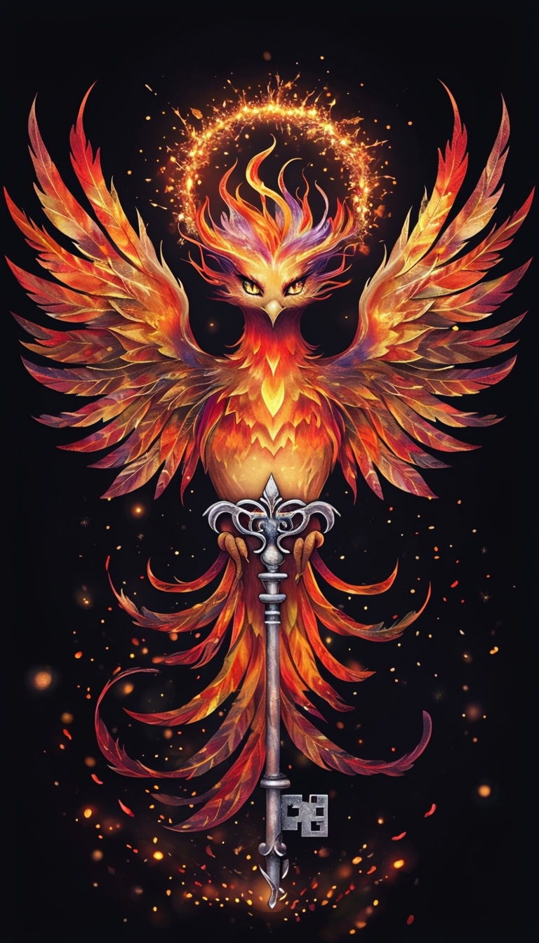 Vibrant Fantasy Phoenix with Mystical Key Mobile Wallpaper