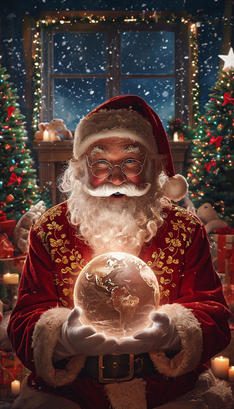 Cheerful Santa Claus with Glowing Christmas Globe Photo Card