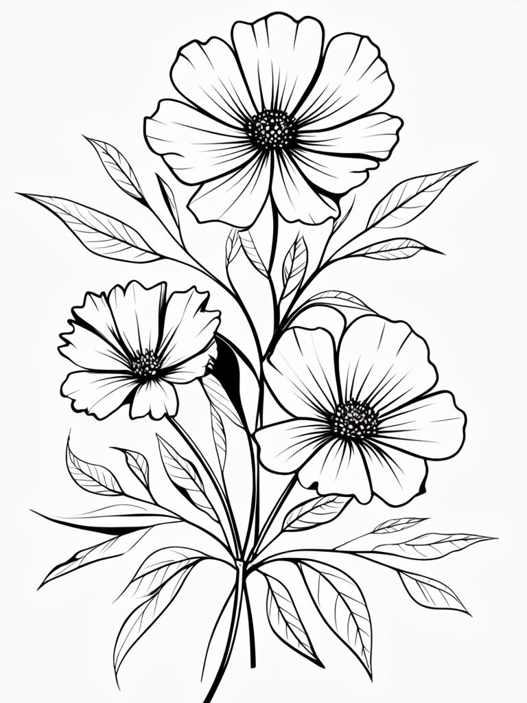 Elegant Black and White Floral Line Drawing for Coloring Book Pages